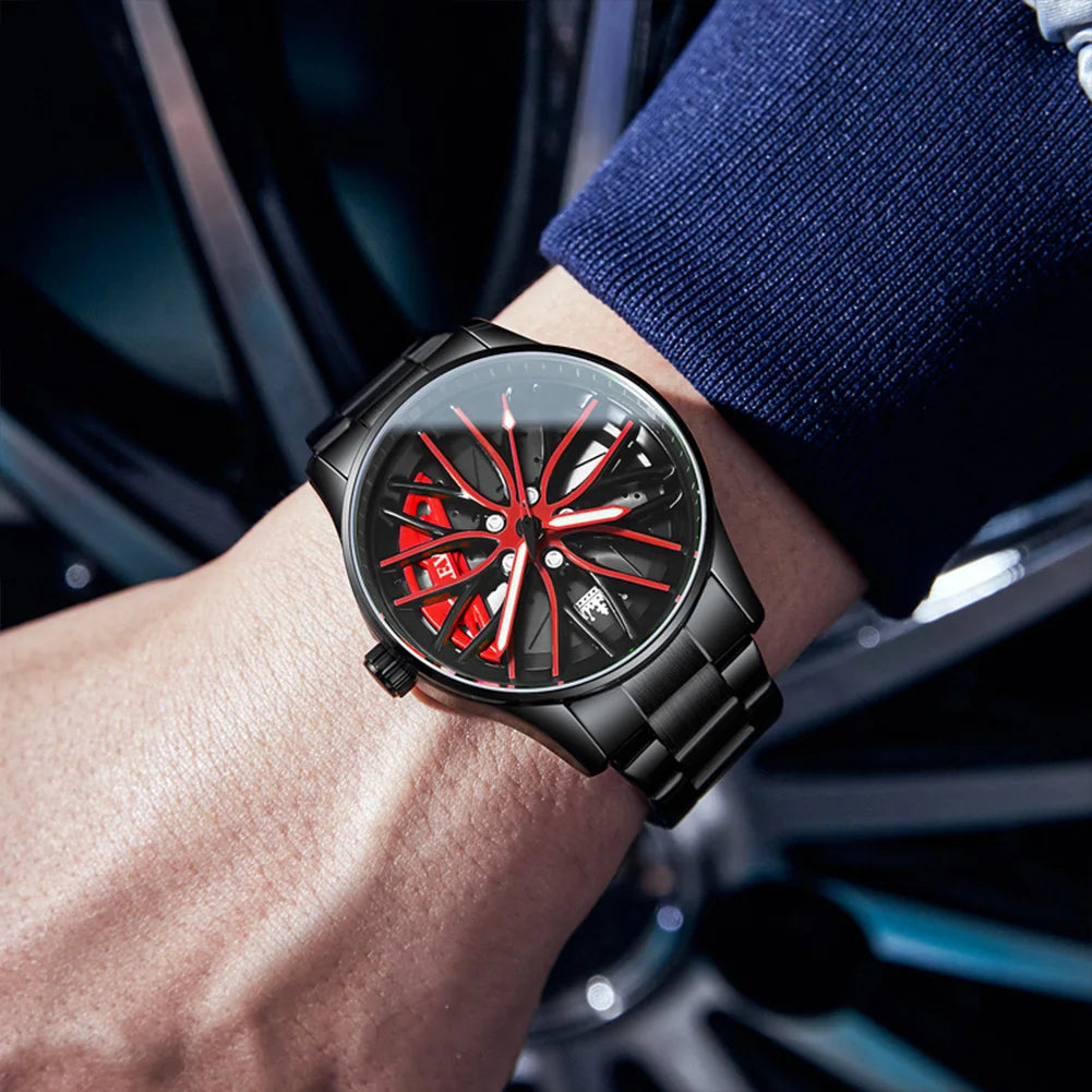 OLEVS Wheel Hub Men's Watches Trend Fashion Quartz Wristwatch Original Movement Waterproof Steel Luminous 3D Hollow Rotary Dial - Uknowucme