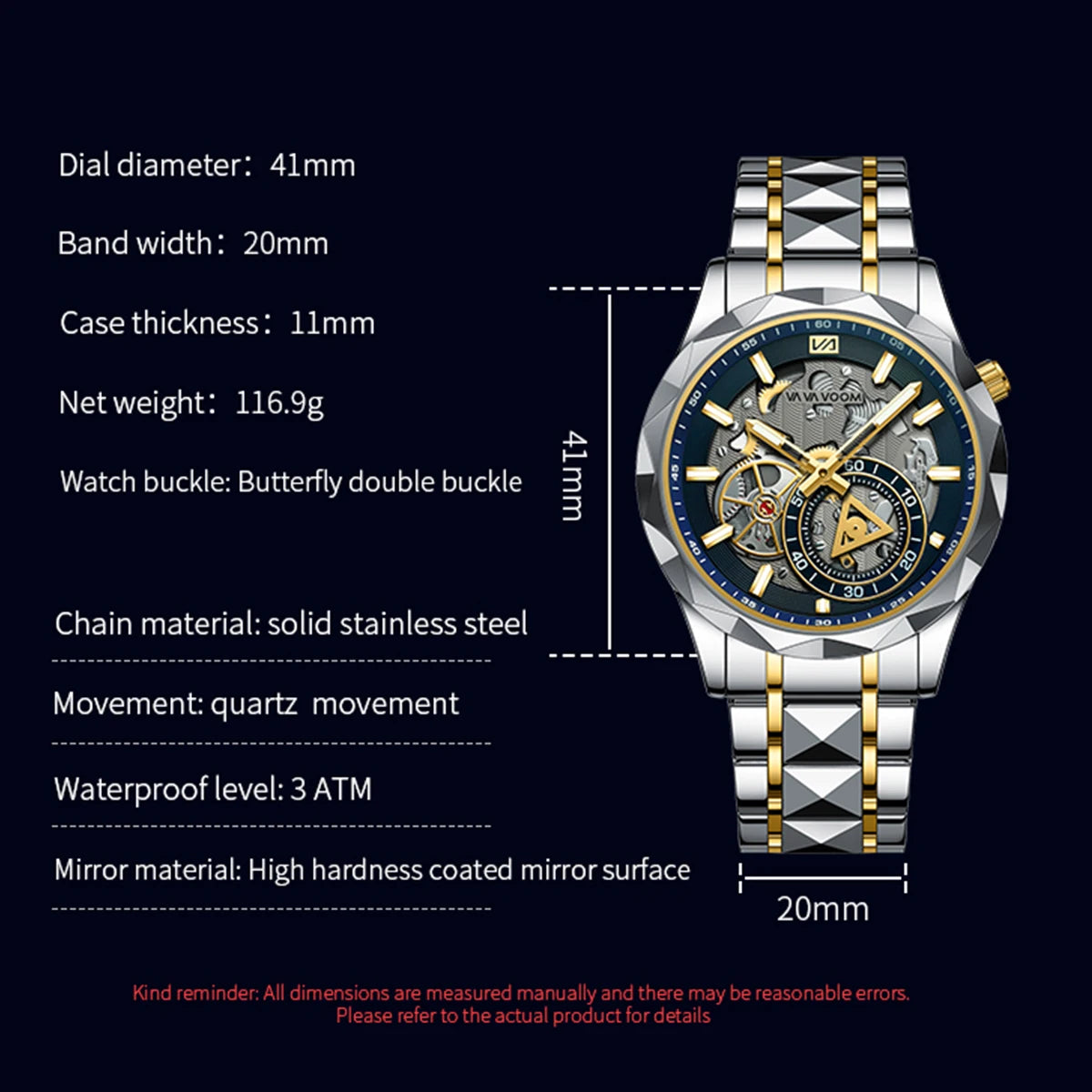 VA VA VOOM Stainless Steel Mens Quartz Watch With 41mm Hollowed Out Dial Quartz Movement Luminous Gold Luxurious Men Wristwatch - Uknowucme
