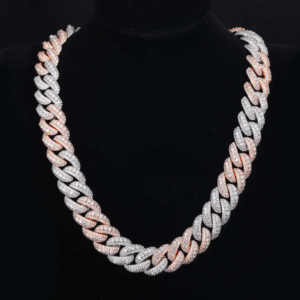 Custom Color 2 Tones 18mm 925 Sterling Silver 3 Row Vvs Moissanite Diamond Iced Out Bubble Cuban Link Chain Necklace - Uknowucme