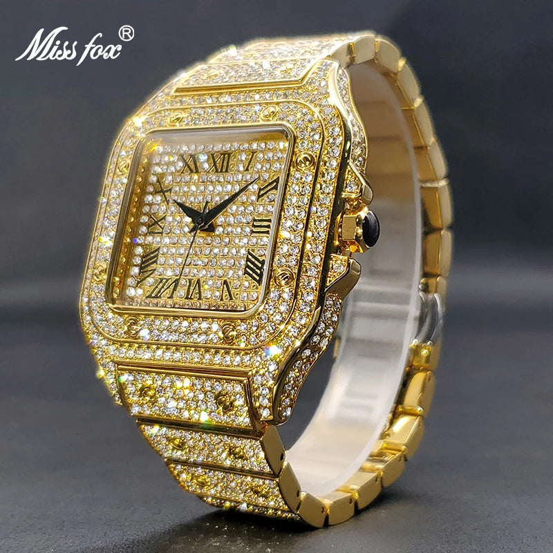 Ice Out Gold Watch For Men MISSFOX Street Style Hip Hop Waterproof Watches For Male Couple Wristwatches Jewelry Accessories