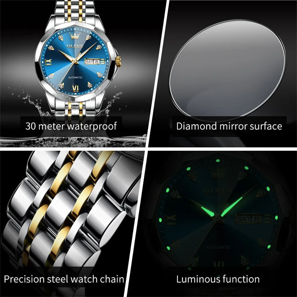 OLEVS 9982 Men's Watches Rhombus Mirror Original Automatic Mechanical Watch for Man Waterproof Stainless Steel Wristwatch Male