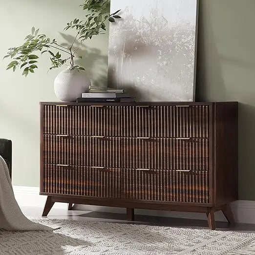 Fluted 6 Drawers Dresser, 54" Wide Modern Chest of Drawers with Faux Marble Top, Curved Profile Design - Uknowucme