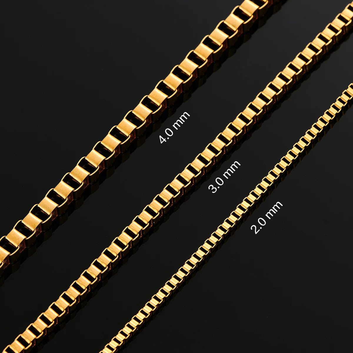 2mm/3mm/4mm Thickness Gold Color Stainless Steel Square Box Chain Necklace for Men Women Classic Jewelry 14 to 40 Inches - Uknowucme