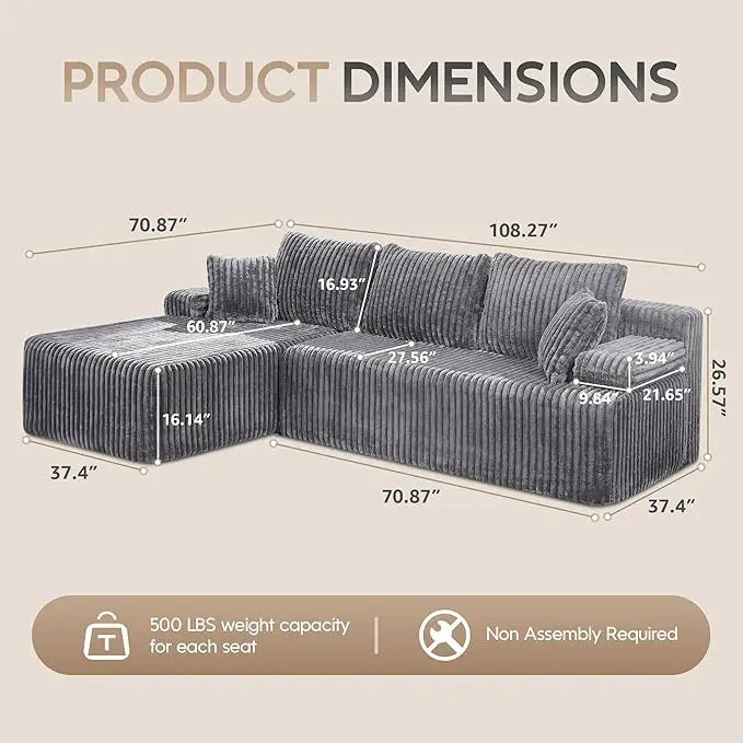 Modular L-Shaped 3-Seat Sectional | Memory Foam with Deep Seating & Storage Modules | Living Room Sofa