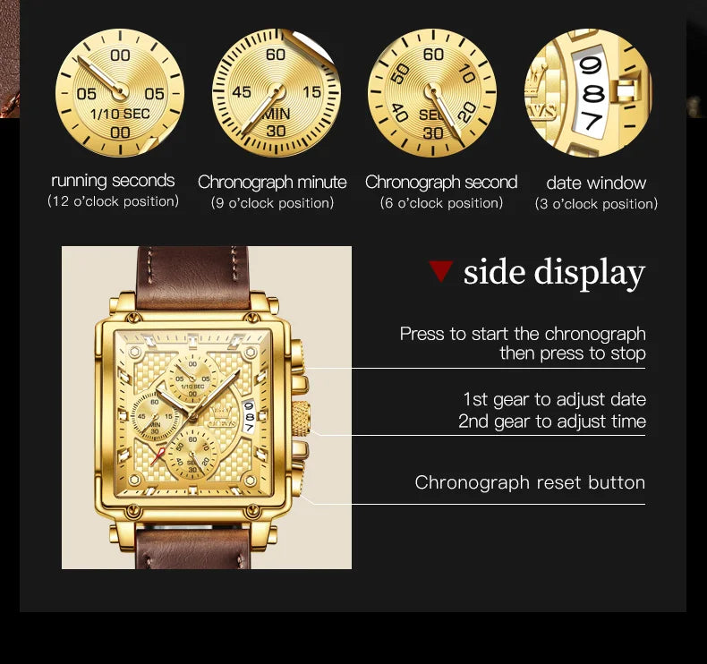 OLEVS Brand 9925 Men's Watches Gold Square Dial Quartz Male Watch Original Leather Strap Fashion Watch 30m Waterproof Top Ten - Uknowucme