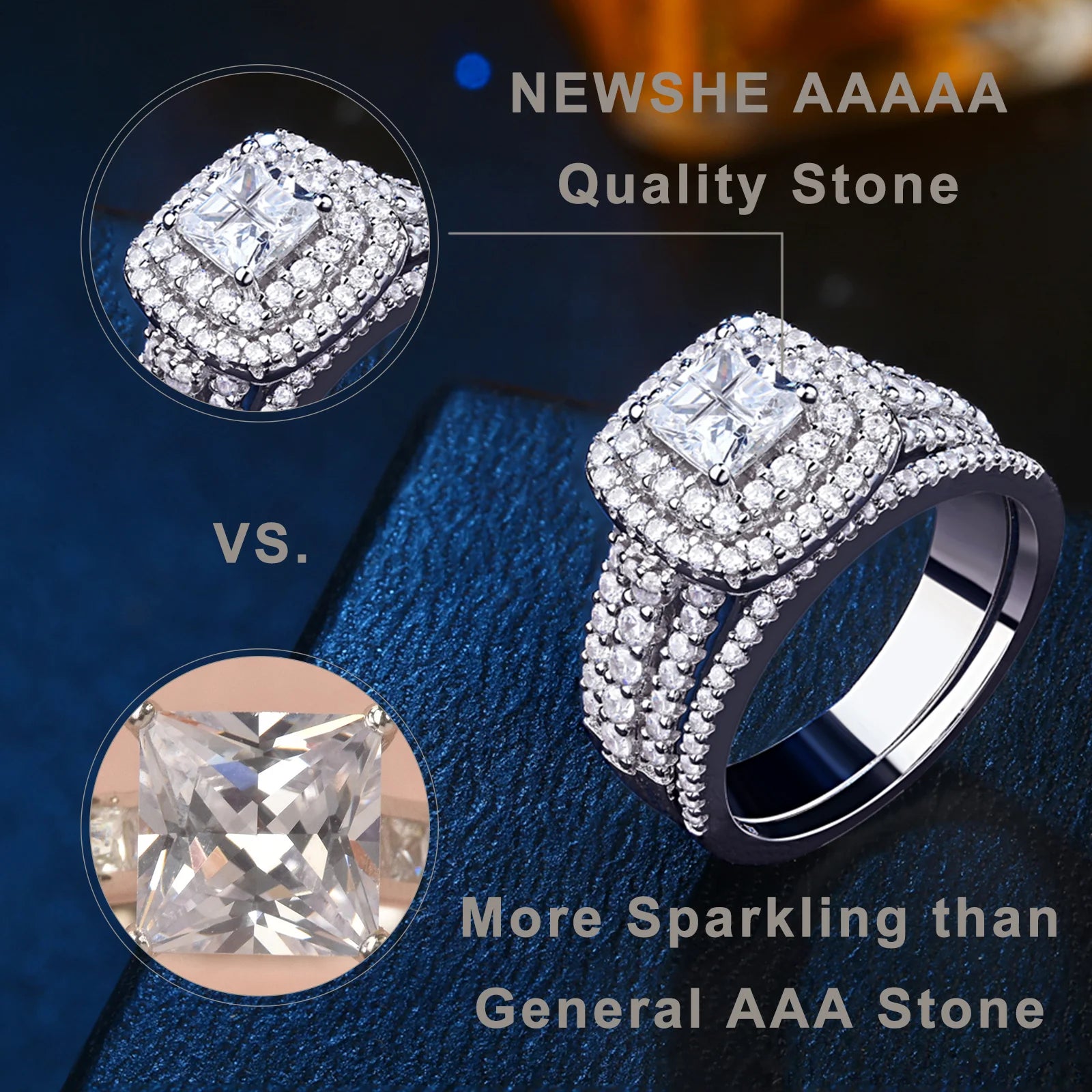 Newshe Luxury 925 Sterling Silver Halo Wedding Ring Set for Women Elegant Jewelry Princess Cross Cut Simulated Diamond Rings - Uknowucme