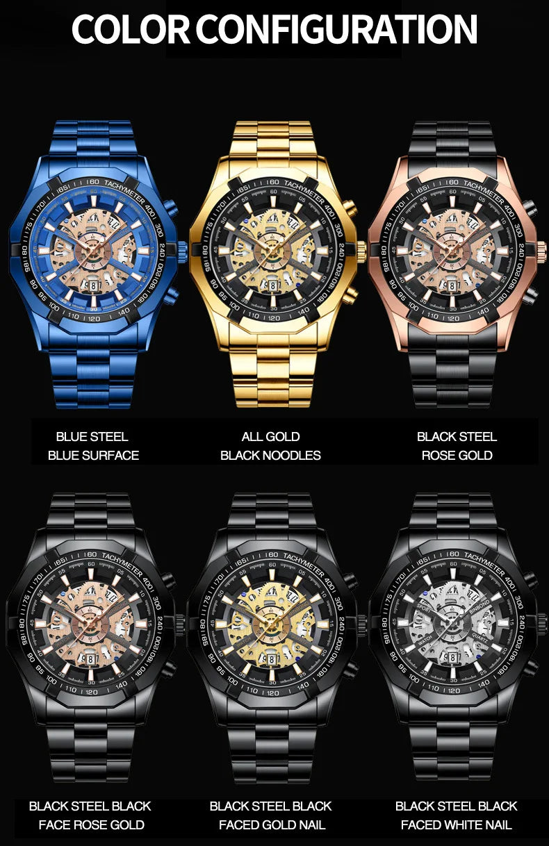 2025 Mens Quartz Watches Top Brand Luxury Stainless Steel Waterproof Hollow Out Blue Big Male Wristwatches Relogio Masculino - Uknowucme