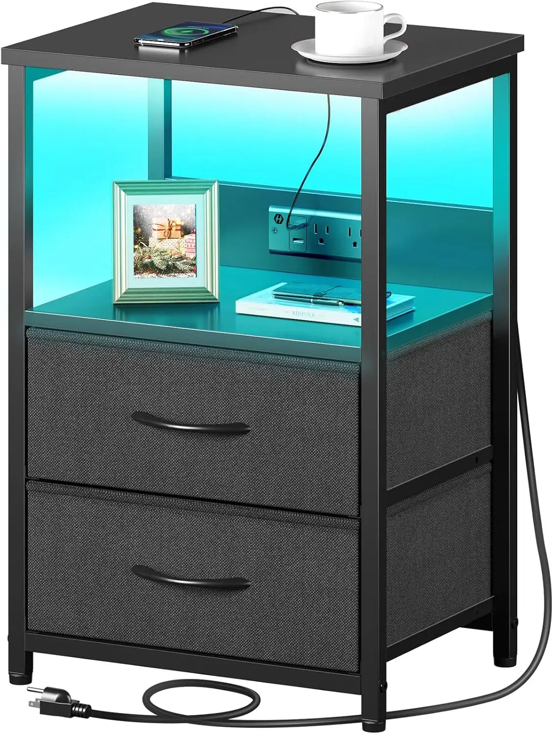 Nightstand with Charging Station, Bedside Table with LED Lights, Night Stand , 3-Tier Storage End Table for Bedroom, Black - Uknowucme