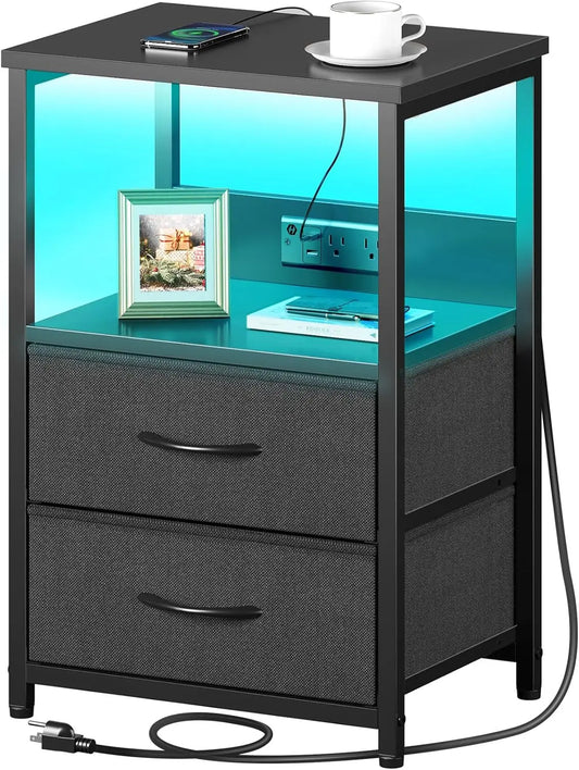 Nightstand with Charging Station, Bedside Table with LED Lights, Night Stand , 3-Tier Storage End Table for Bedroom, Black - Uknowucme
