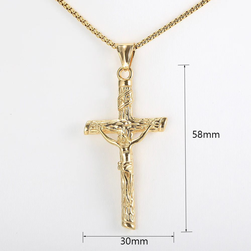 Stainless Steel Religious Crucifix Jesus Cross Necklace Pendant Gold Color Silver Color  for Men Women Box Chain jewelry KP687