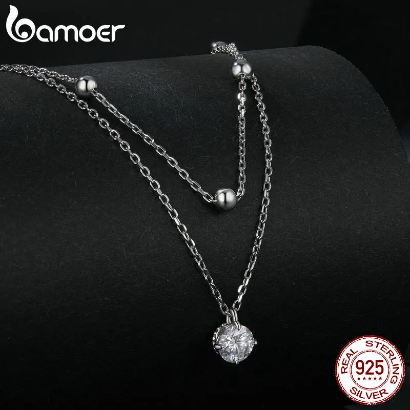 BAMOER Moissanite Layered Pendant Necklace, 925 Sterling Silver Round Multilayer Stylish Dainty Choker Necklace 17.7 inches - Uknowucme