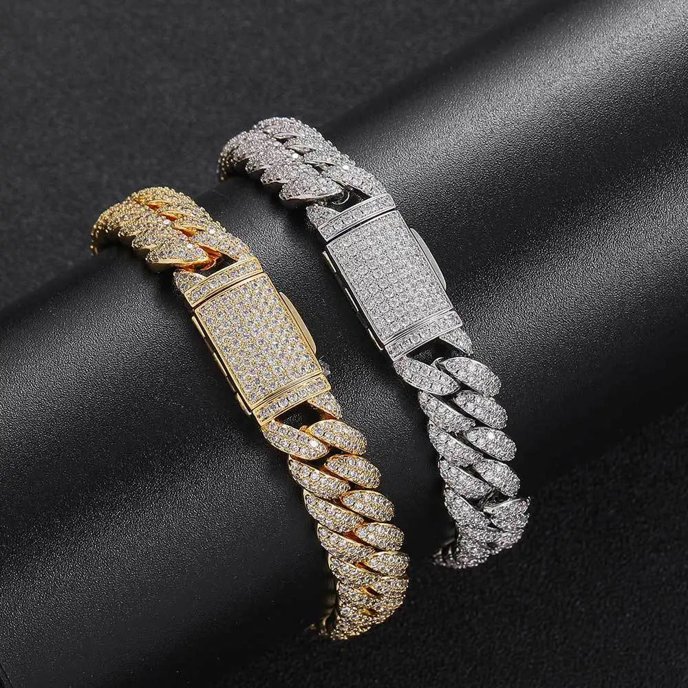 HOYON 10mm Lab Created Zircon Cuban Chain Men's Silver Gold Plated Necklace Zircon Bracelet Hip Hop Rock Neck Collar Jewelry