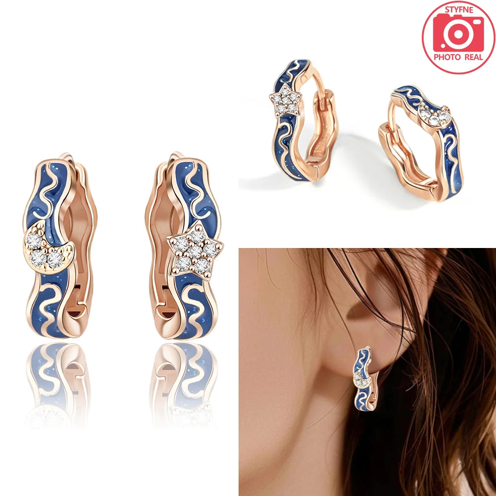 Original Blue Star Moon Earrings Rose Gold Set 925 Sterling Silver Earrings Jewelry Women Luxury Engagement Accessories - Uknowucme