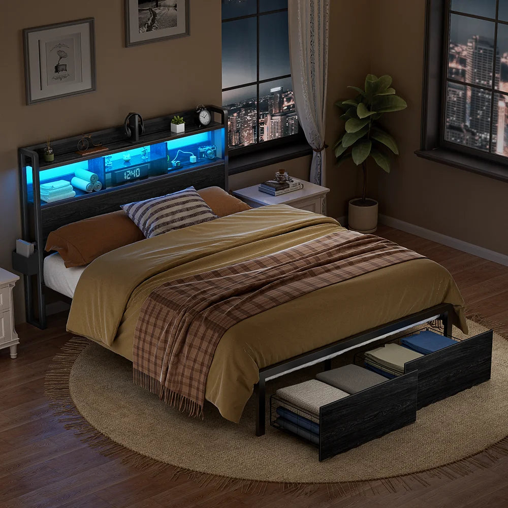 Full/Queen Size Bed Frame with Storage Headboard, Metal Platform Bed Frame with Storage Drawers, LED Lights and Charging Station - Uknowucme