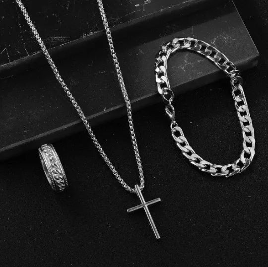 Fashion Roman Scale Quartz Wristwatch 4pcs Set Men Business Watch Fake Three Eyes Calendar Cross Necklace Bracelet Ring Set - Uknowucme