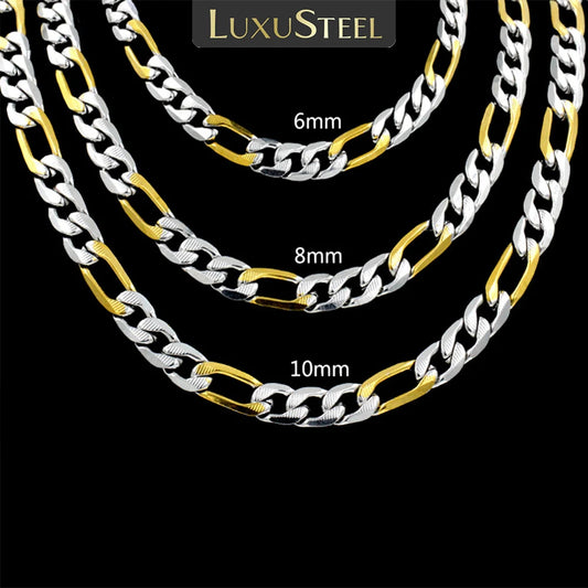LUXUSTEEL Men's Figaro NK Chain Necklace 6/8/10MM Stainless Steel Golden Mixed Silver Color Curb Link For Women Jewelry Gift - Uknowucme