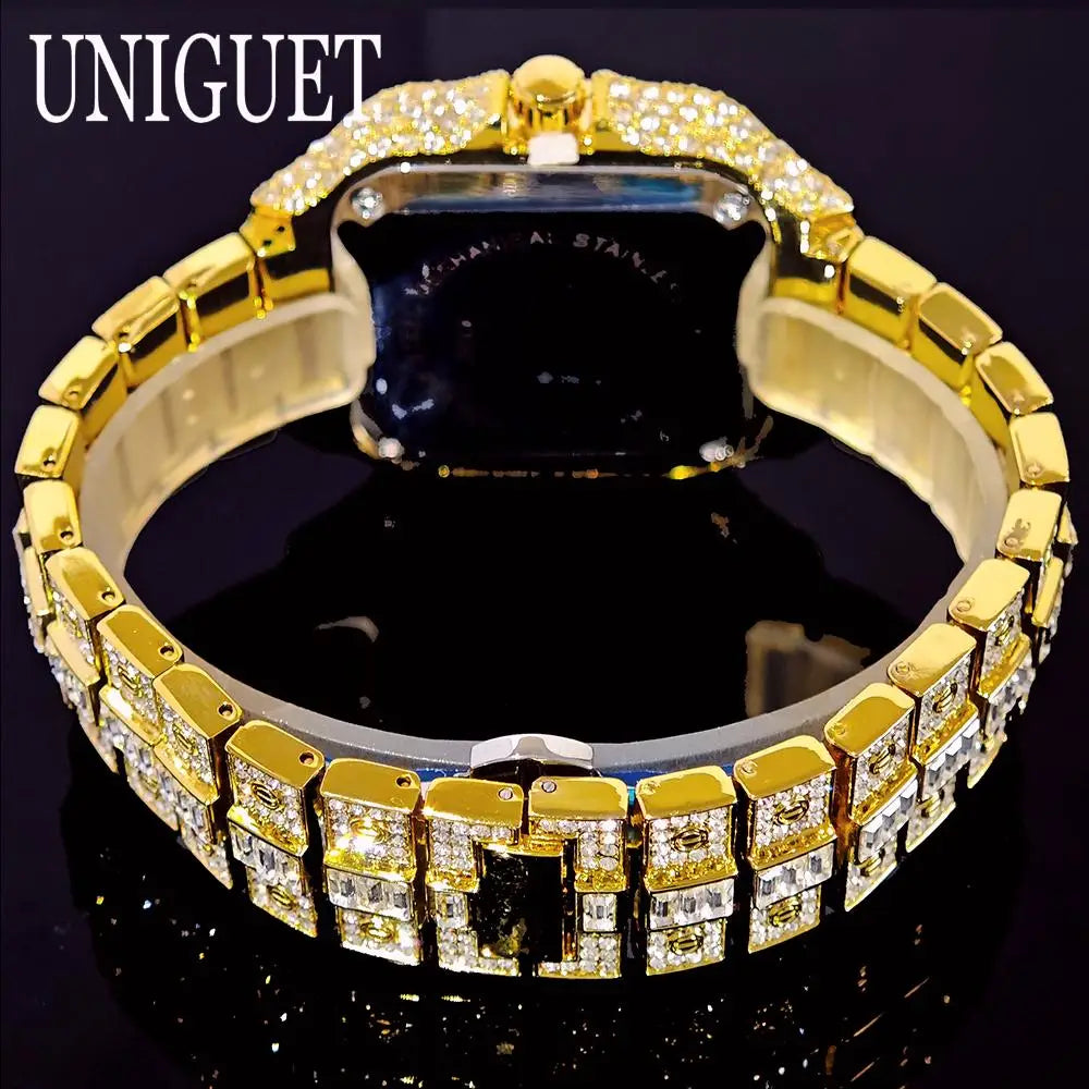 UNIGUET Luxury Iced Quartz Watch for Men Fashion Color Roman Square Watches Man Hip Hop Diamond AAA Jewelry Wristwatch Reloj Hot - Uknowucme