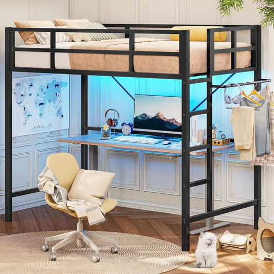 Twin Loft Bed with LED Lights, Metal Loft Bed Twin Size with Full-Length Guardrail Clothes Rack, Heavy Duty Metal Loft Bed Frame - Uknowucme