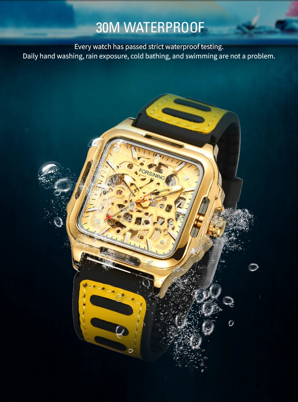 FORSINING Original Square Skeleton Mechanical Man Wristwatches Automatic Movement Field Sports Waterproof Silicone Replica Watch - Uknowucme
