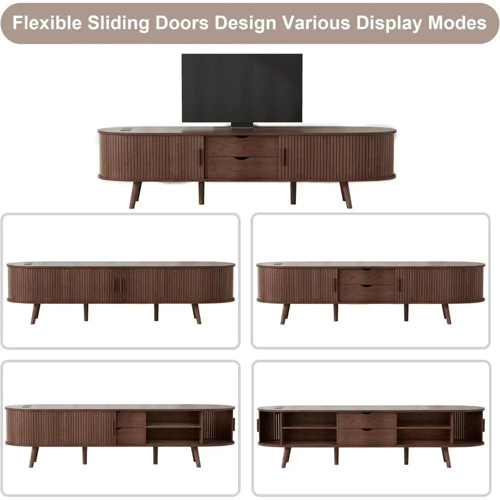 Mid Century Modern TV Stand with Charging Station, Farmhouse Curved Round Edge TV and Media Console Table with Drawer and Shelf
