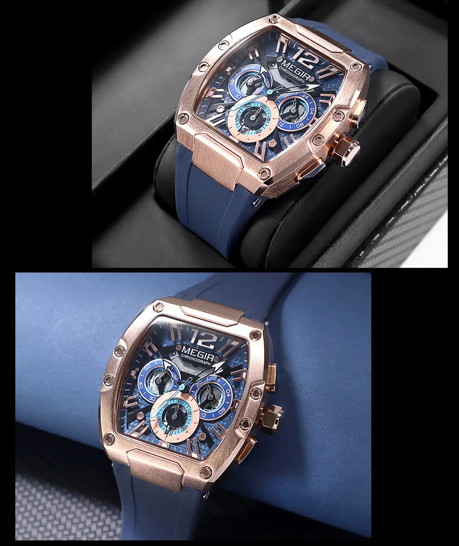 MEGIR Navy Blue Silicone Strap Sport Watch for Men Fashion Waterproof Chronograph Quartz Wristwatch with Luminous Hands Calendar - Uknowucme