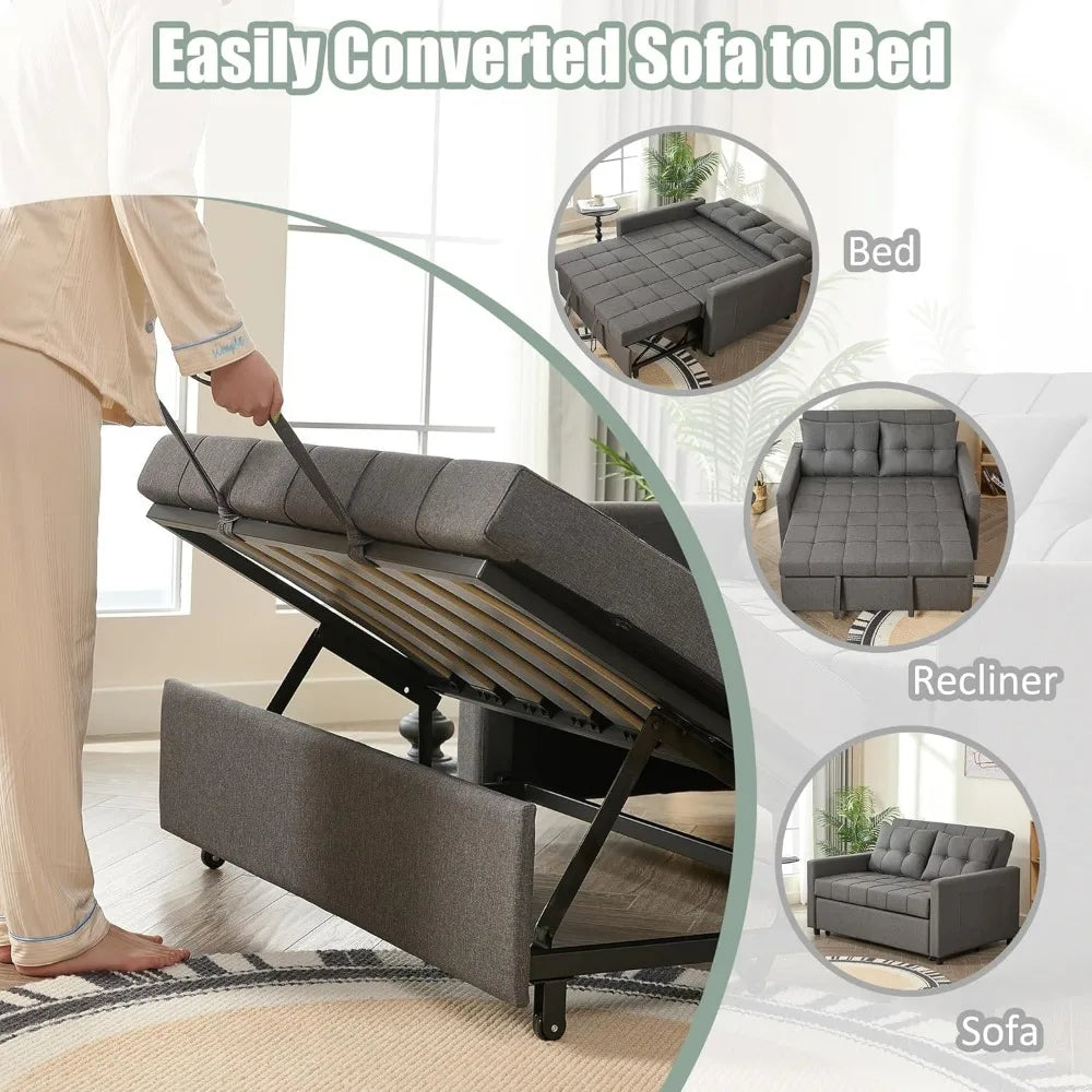 52" Sleeper Sofa with Pull-Out Bed, 3-in-1 Convertible Sofa Bed, Loveseat with Stepless Adjustable Backrest and Side Pocket - Uknowucme