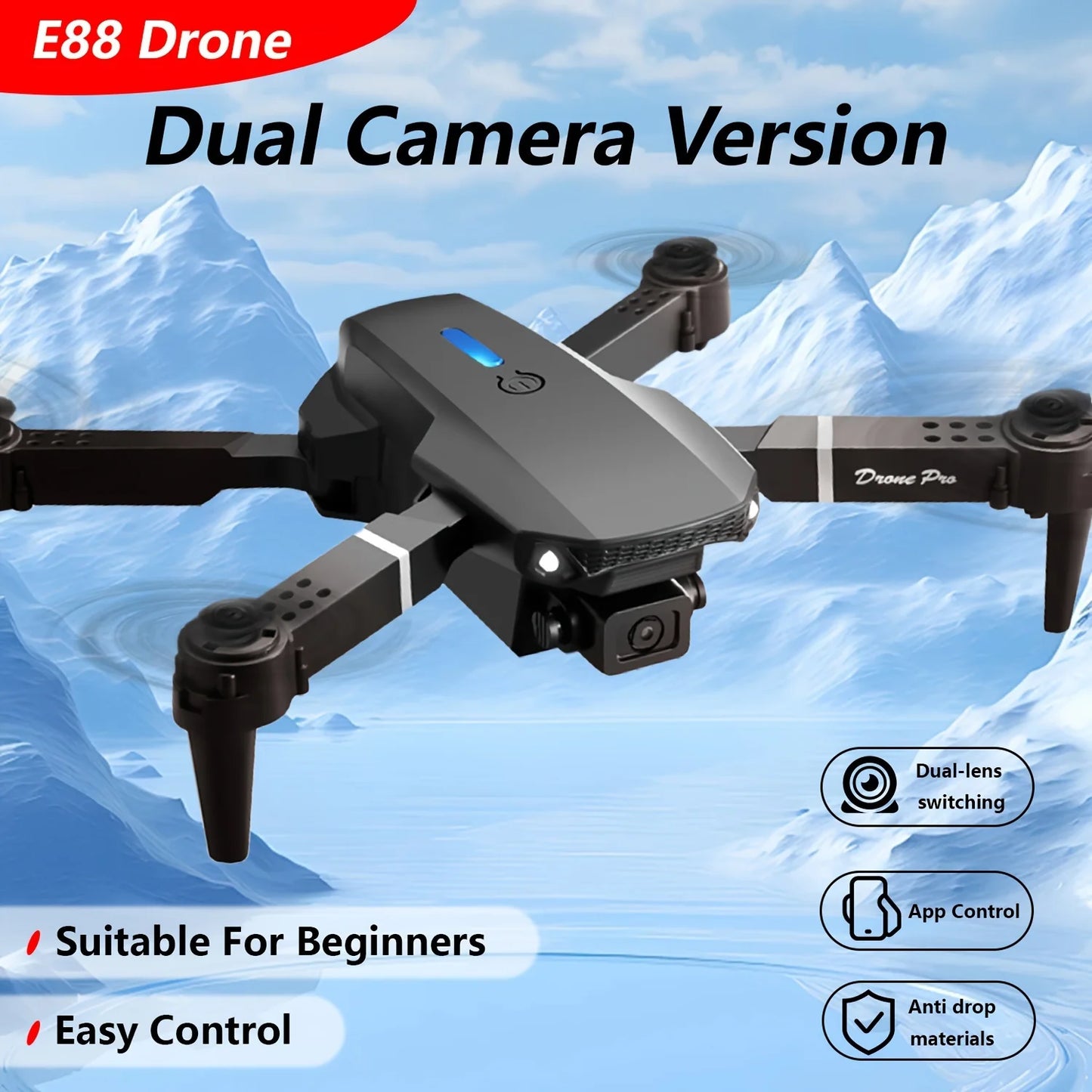 E88 Drone with Dual 4K HD Cameras,  Wi-Fi, USB Charging, 1181.1inch Max Altitude, 3m/s Speed, One-Click Return,  No GPS，4k drone