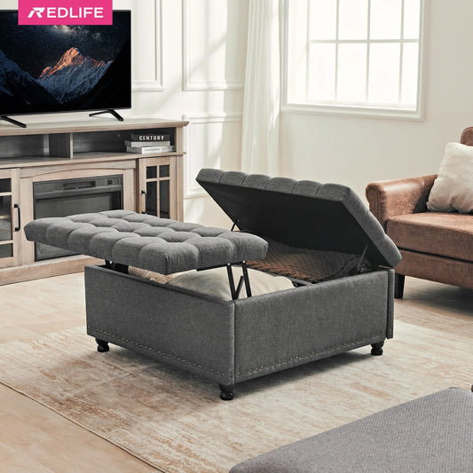 REDLIFE 35" Large Square Storage Ottoman Bench, Upholstered Coffee Table ,Lift Top Storage Ottoman Tufted Fabric for Living Room - Uknowucme