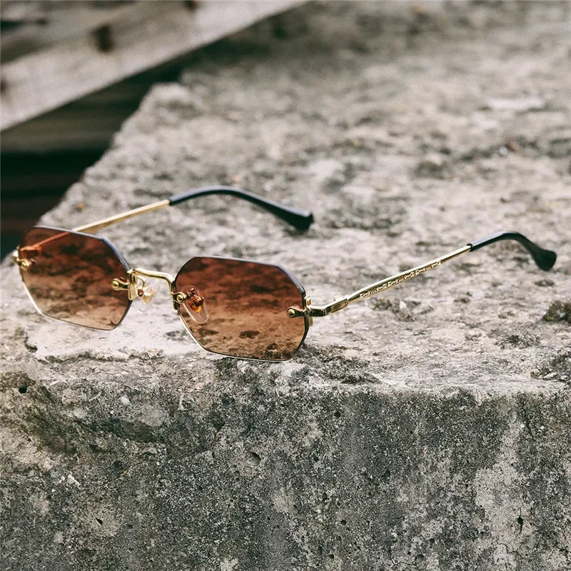 Rimless Rectangle Sunglasses Small Men Glasses Women Metal Gold Polygon Blue Shades 2024 UV400 Frameless - Uknowucme