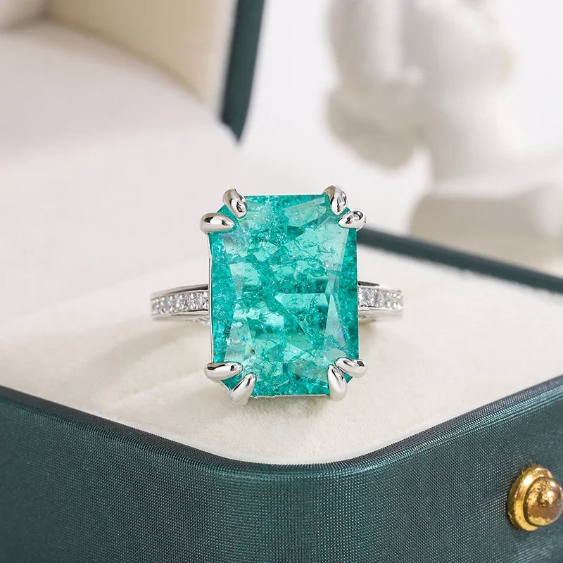 925 Silver Plated Exquisite Blue Green Moissanite Ring Fire Sparkling Luxury Open Ring Female Party Birthday Jewelry Gift - Uknowucme