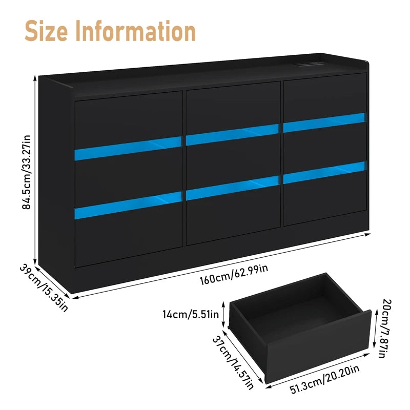 9 Drawer Dresser with Power Outlet & LED Light, Modern Chest of Drawers for Closet, 63" Drawer Organizer Cabinet for Bedroom - Uknowucme