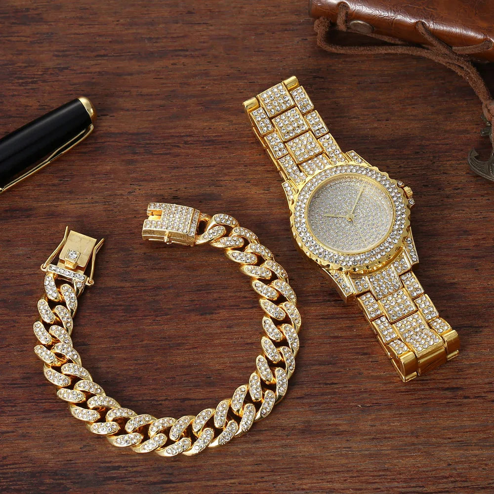 Watch + Bracelet for Women Cuban Chain Charm Iced Out Clock for Men Diamond Fashion Luxury Gold Wristwatch Jewelry Set Relojes