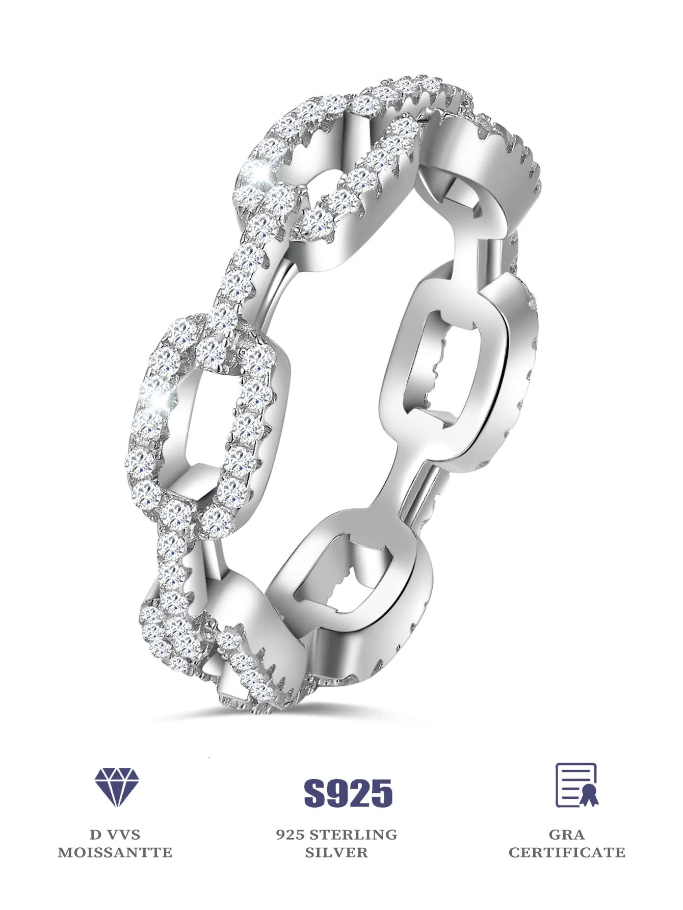 925 Sterling Silver Rings Chain Ring Full Diamond  Moissanite Rings Fashion Jewelry - Uknowucme