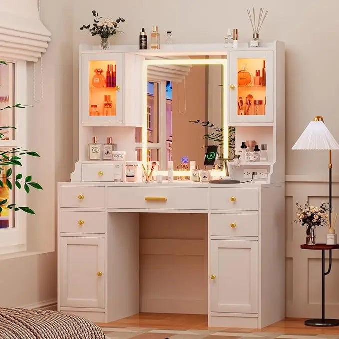 White Makeup Vanity Desk with Mirror and Lights, Large Vanity Table Set with Charging Station, Dressing Table with RGB Cabinets,