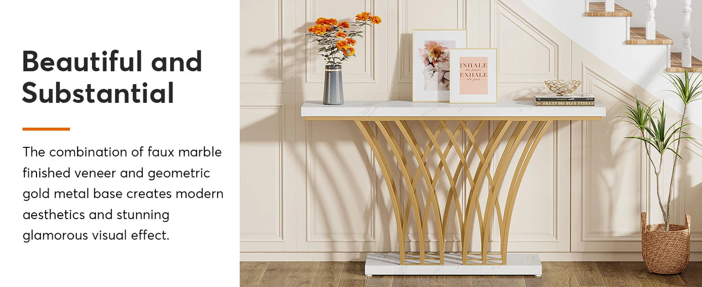 59 inch Gold Console Table, Modern Entryway Table with Grid-Shaped Metal Base for Entrance, Hallway, Entryway, Living Room - Uknowucme