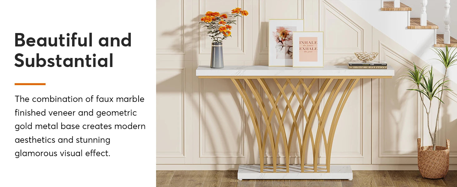 59 inch Gold Console Table, Modern Entryway Table with Grid-Shaped Metal Base for Entrance, Hallway, Entryway, Living Room - Uknowucme