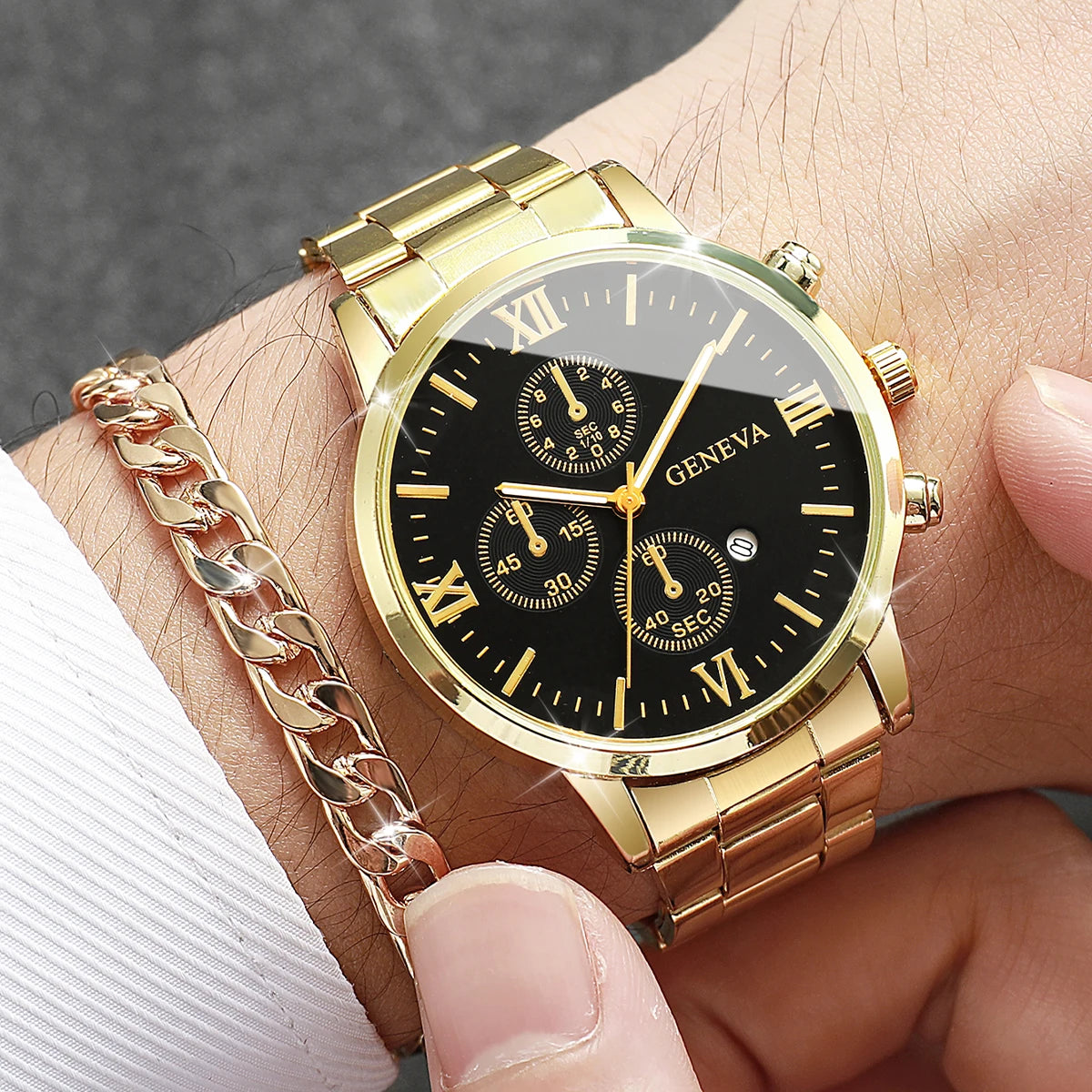4PCS/Set Luxury Men's Calendar Watch Fashion Roma Dial Men Business Quartz Watches Jewelry Set Reloj Hombre（Without Box） - Uknowucme