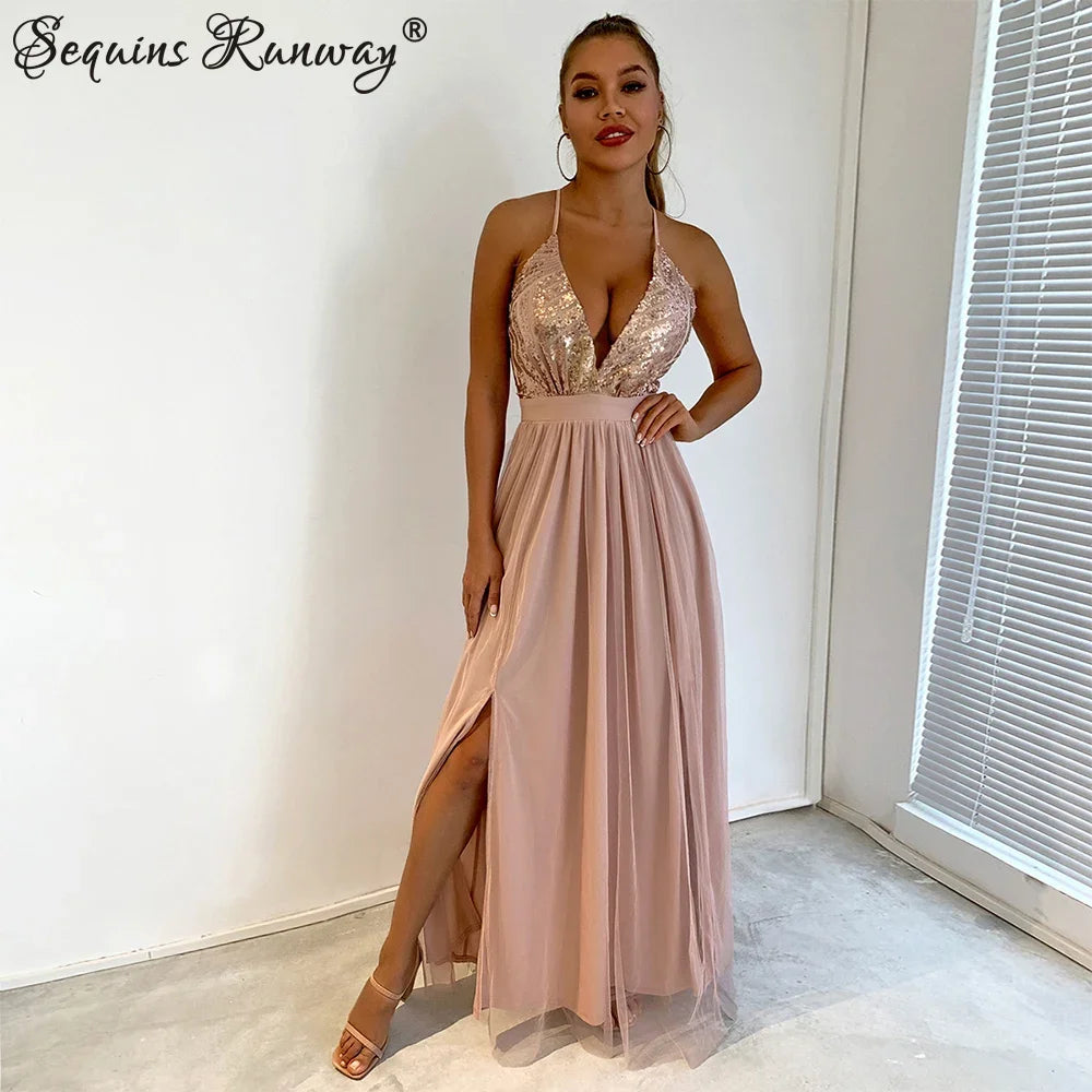 Sexy backless slip Sequin corset maxi summer dress women mesh long bodycon red Christmas party dress bridesmaid evening dresses - Uknowucme