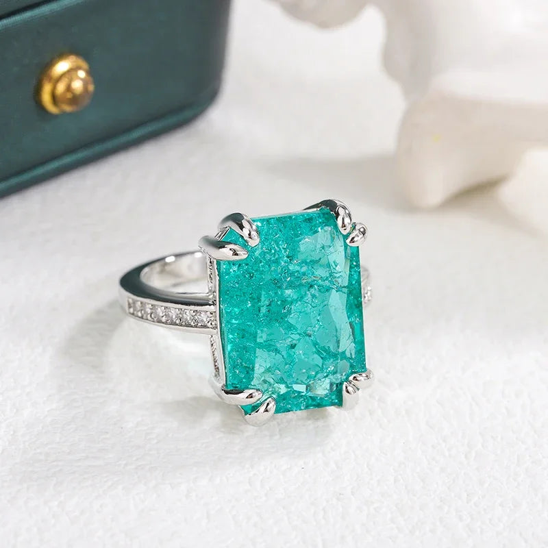 925 Silver Plated Exquisite Blue Green Moissanite Ring Fire Sparkling Luxury Open Ring Female Party Birthday Jewelry Gift - Uknowucme