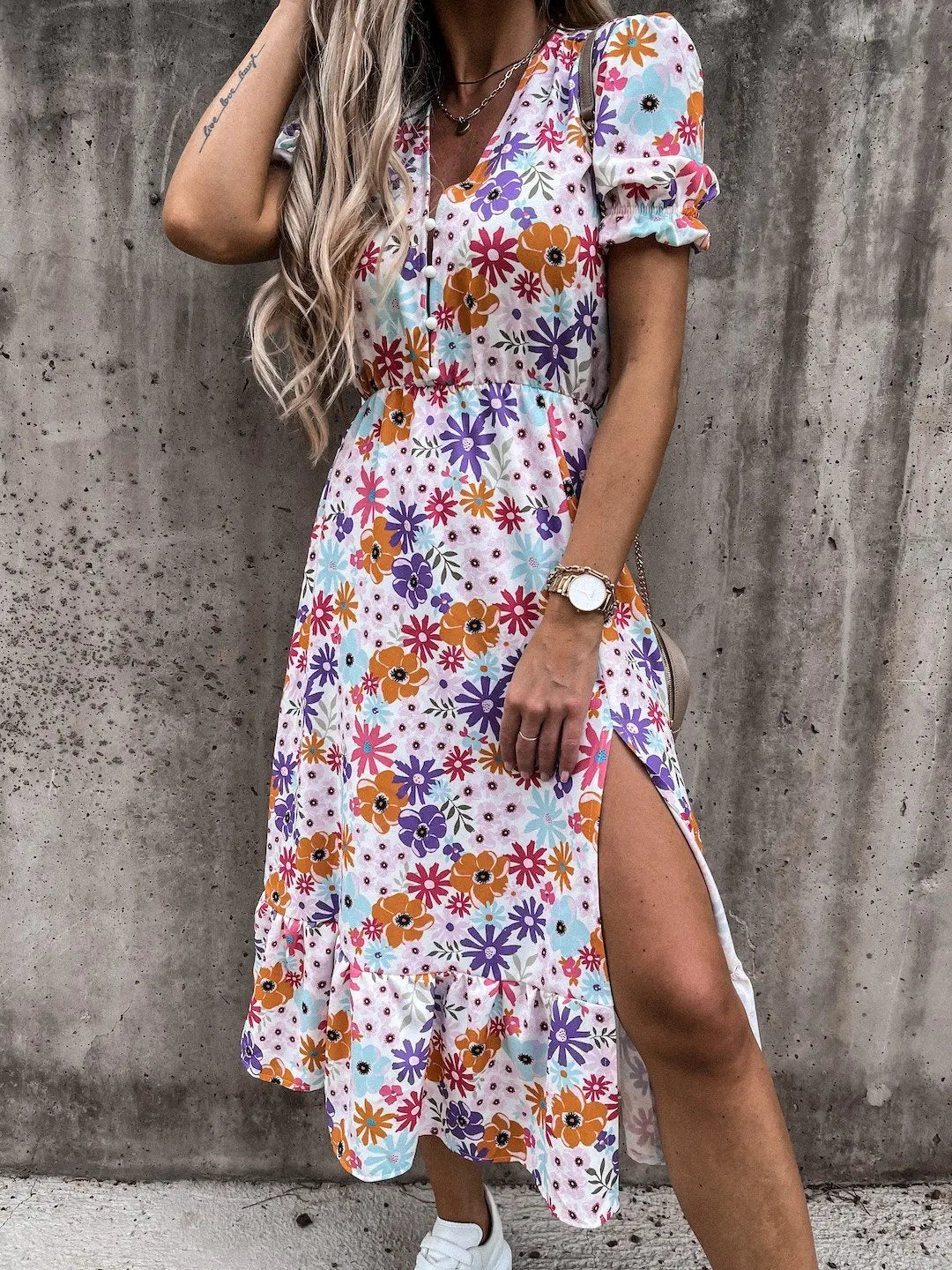 Summer Floral Print Dress Women V Neck Side Slit Long Dress Elegant Short Sleeve Button Slim Spring Female Party Dress Vestidos - Uknowucme