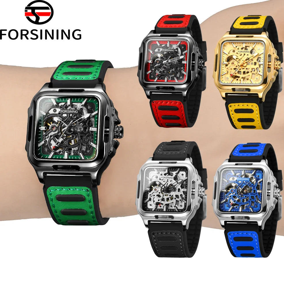 FORSINING Original Square Skeleton Mechanical Man Wristwatches Automatic Movement Field Sports Waterproof Silicone Replica Watch - Uknowucme