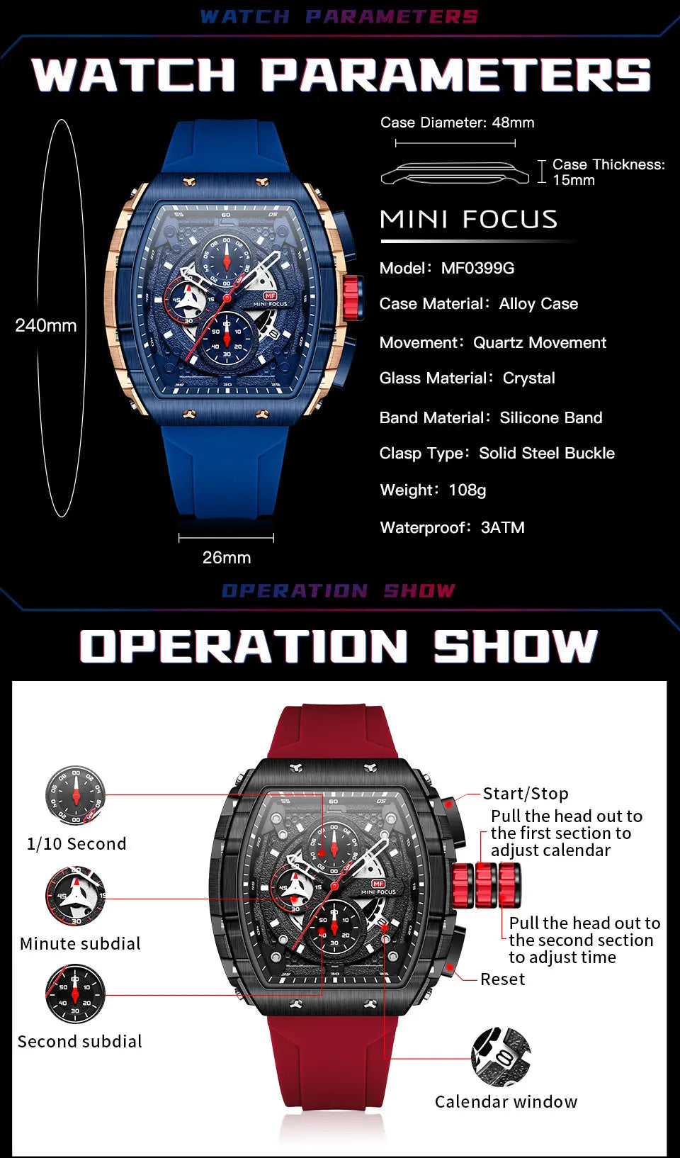 MINI FOCUS Chronograph Quartz Watch for Men Tonneau Dial Military Sport Wristwatch with Orange Silicone Strap Auto Date 0399 - Uknowucme