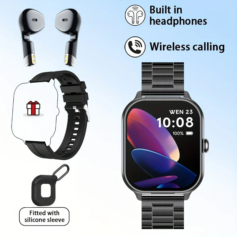 Men Smart Watch 2.01 inch HD Large Screen Waterproof Heart Rate Blood Oxygen Bluetooth earphone TWS 2 in 1 Make phone calls 2024