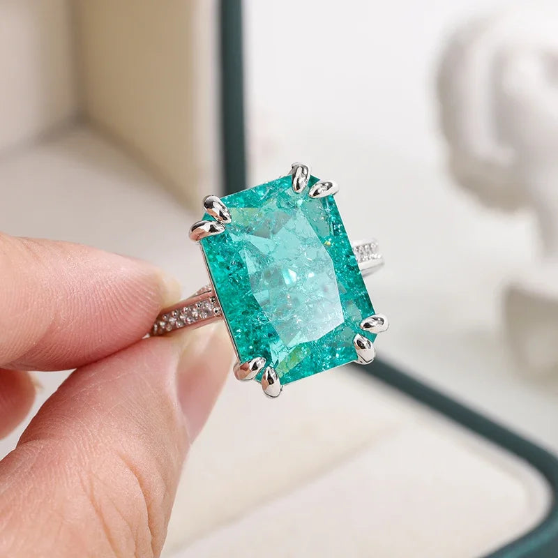 925 Silver Plated Exquisite Blue Green Moissanite Ring Fire Sparkling Luxury Open Ring Female Party Birthday Jewelry Gift - Uknowucme