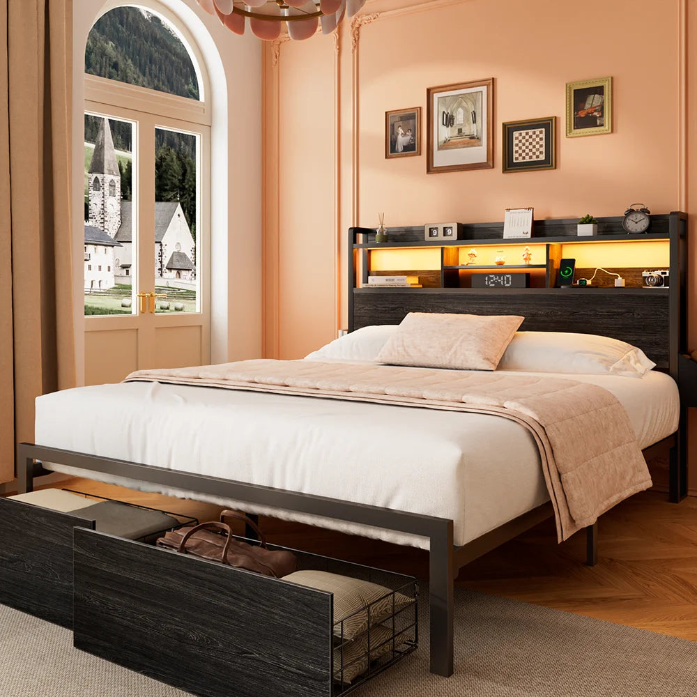 Full/Queen Size Bed Frame with Storage Headboard, Metal Platform Bed Frame with Storage Drawers, LED Lights and Charging Station - Uknowucme