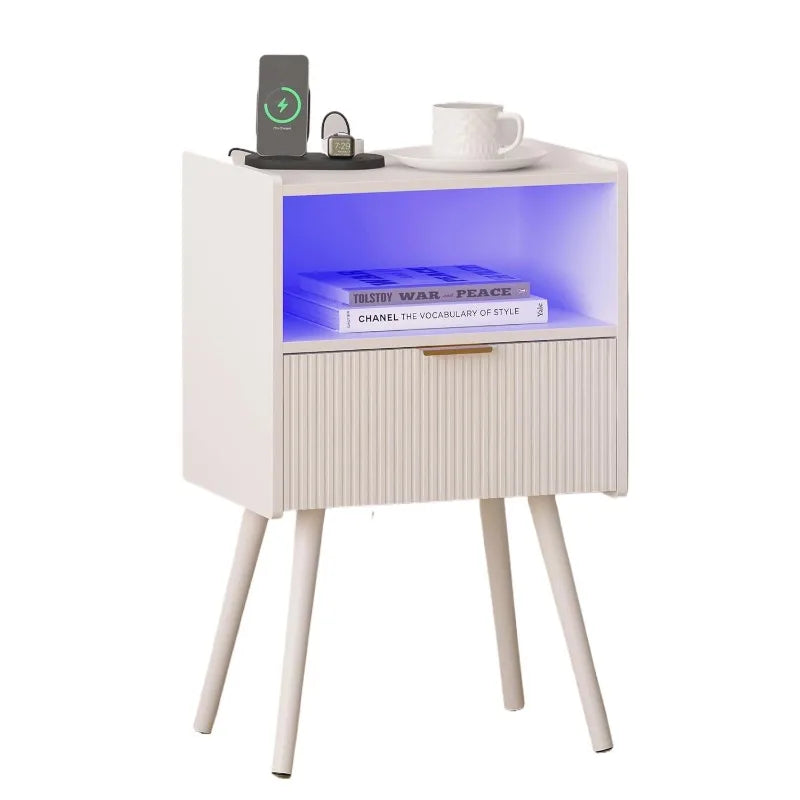 Nightstand Modern Bedside Table Charging Station And LED Lights Night Stand Storage Drawer Solid Wood Legs Organizer Vanity