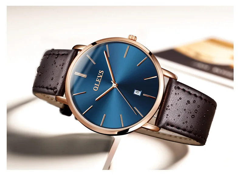 New In OLEVS Quartz Watch for Men Ultra Thin 6.5mm Minimalist Waterproof Date Bussiness Watch Fashion Leather Strap Men's Watch - Uknowucme