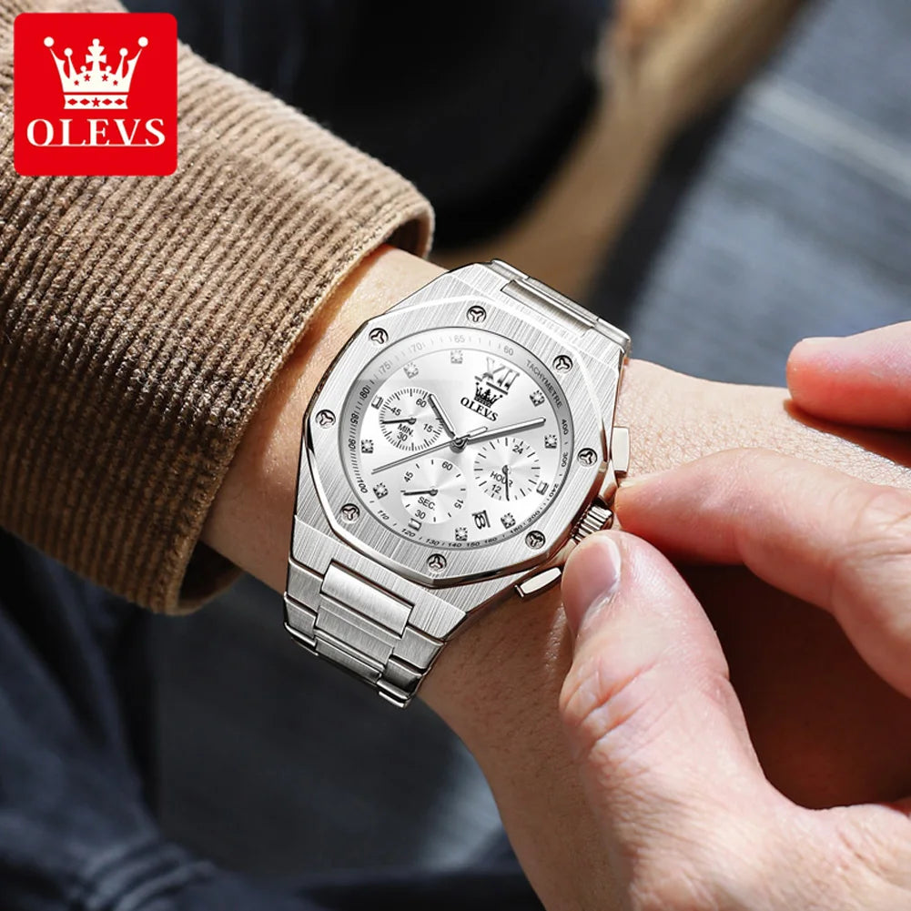 OLEVS Top Brand Men's Watches Stainless Steel Tough Guy Original Quartz Watch for Man Waterproof Luminous Date Chronograph Reloj - Uknowucme