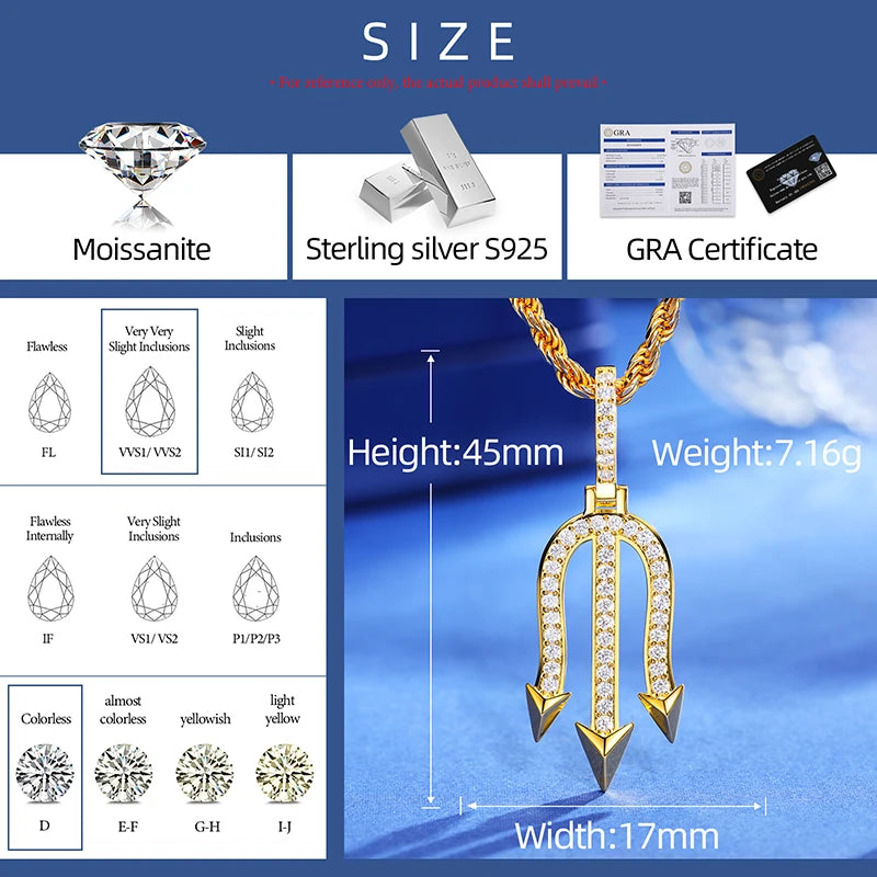 925 Sterling Silver Moissanite Three-pronged Poke Pendant Nordic Viking Poseidon Simple Style For Women Men Fine Jewelry Gifts - Uknowucme