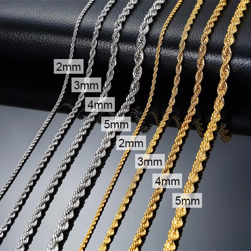 Men Ropes Long Necklace Stainless Steel Minimalist Twist Rope Chain Necklace Available in Gold Color Silver Color 2 TO 5mm - Uknowucme